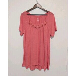 Just My Size 2X Coral Pink Semi Sheer Blouse Top Scoop Neck S/S Emb Detail